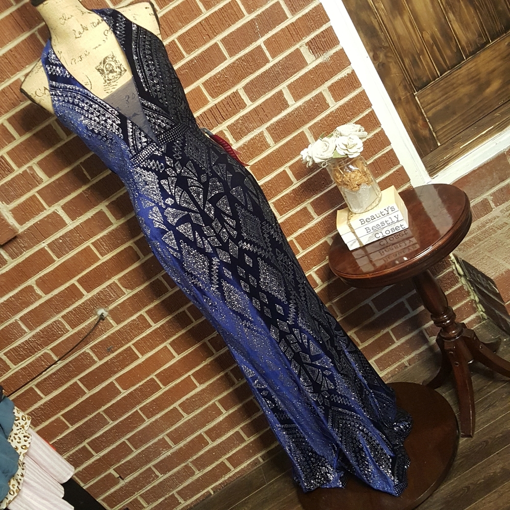 Jump Apparel Glitter Diamond Print Illusion V Neck Velvet Gown Dress 9 10 NWT